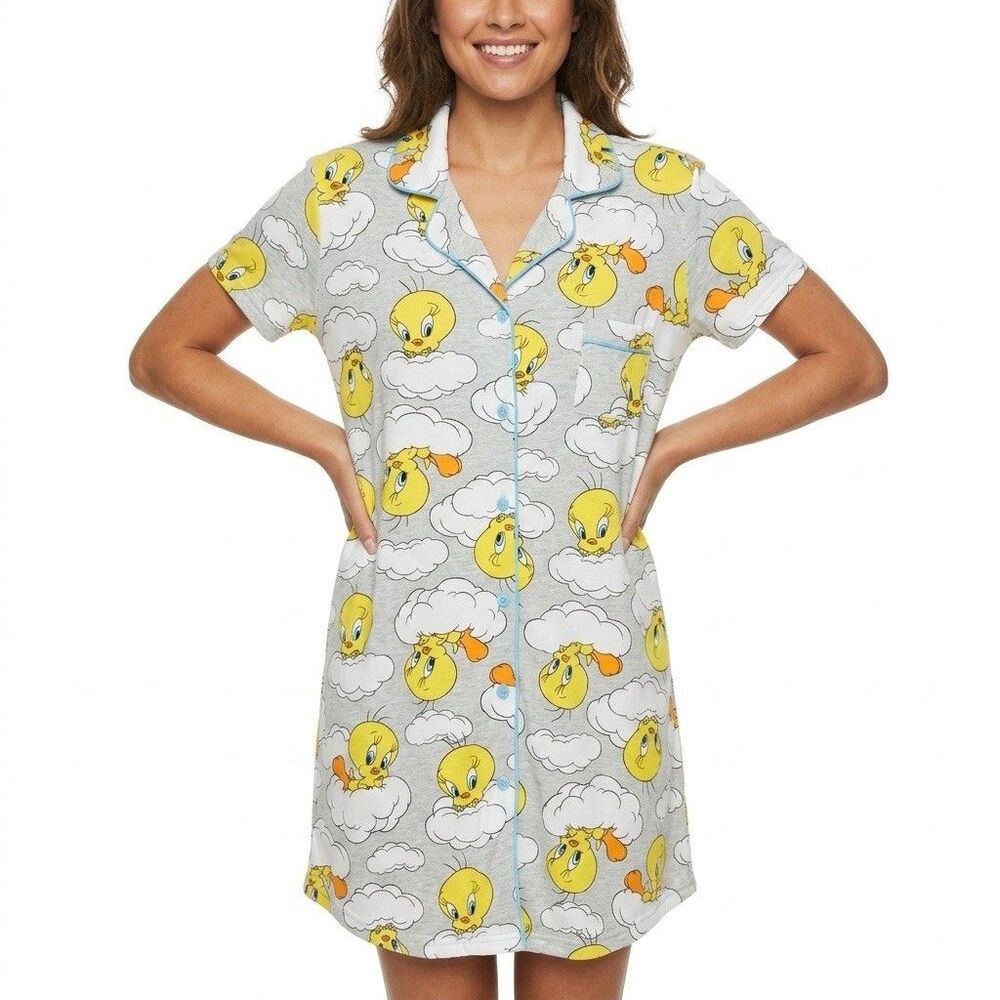 Looney Tunes Floral Tweety Bird Nightshirt Womens Sz XL Chest Pocket Nightgown